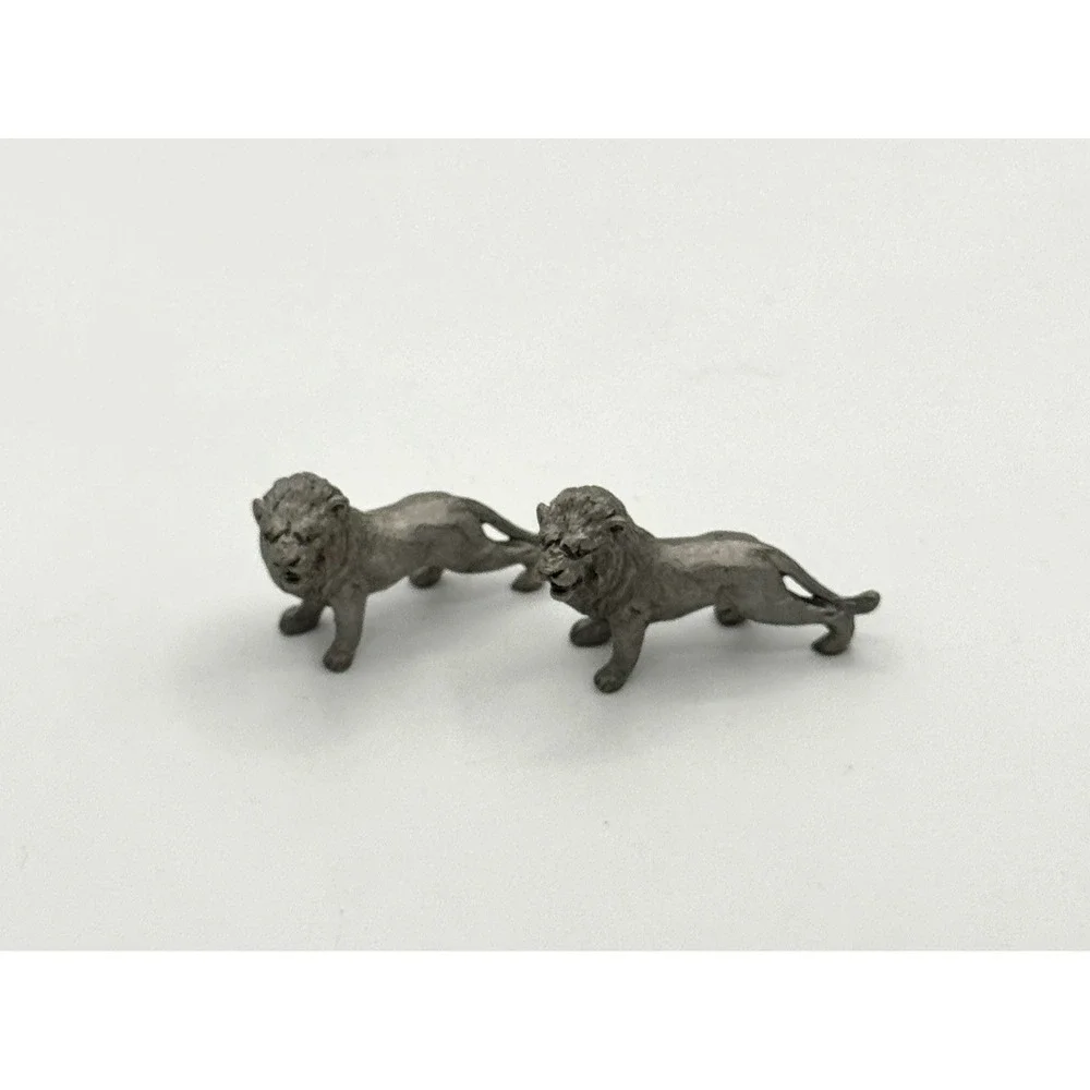 Vintage Pewter Lion Figurines Pair Mini Safari Animal Lions Desk Decor Gift‎
